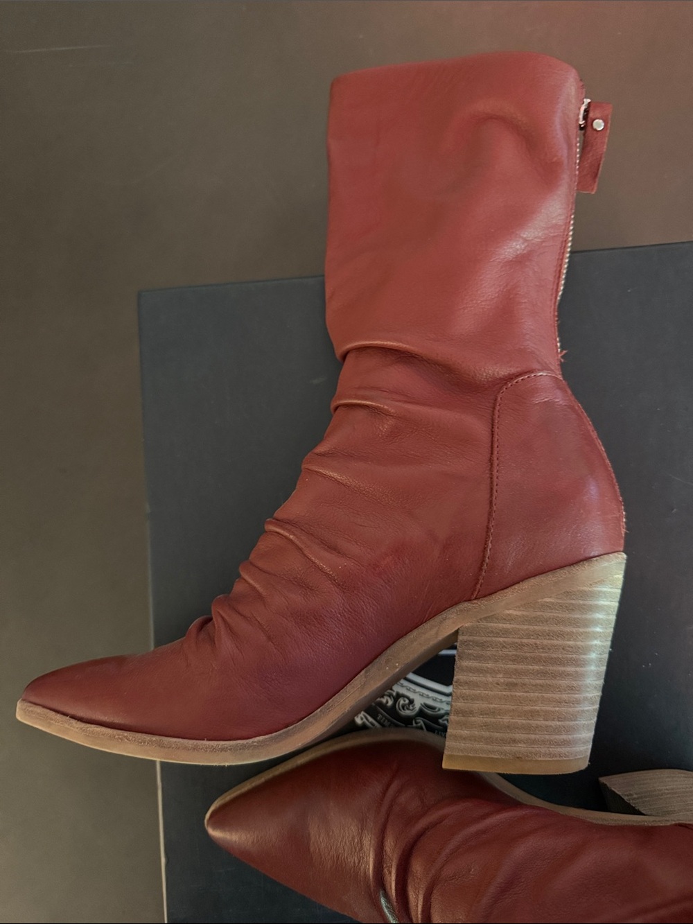 Women's Red Leather Mid-Calf Block Heel Boots